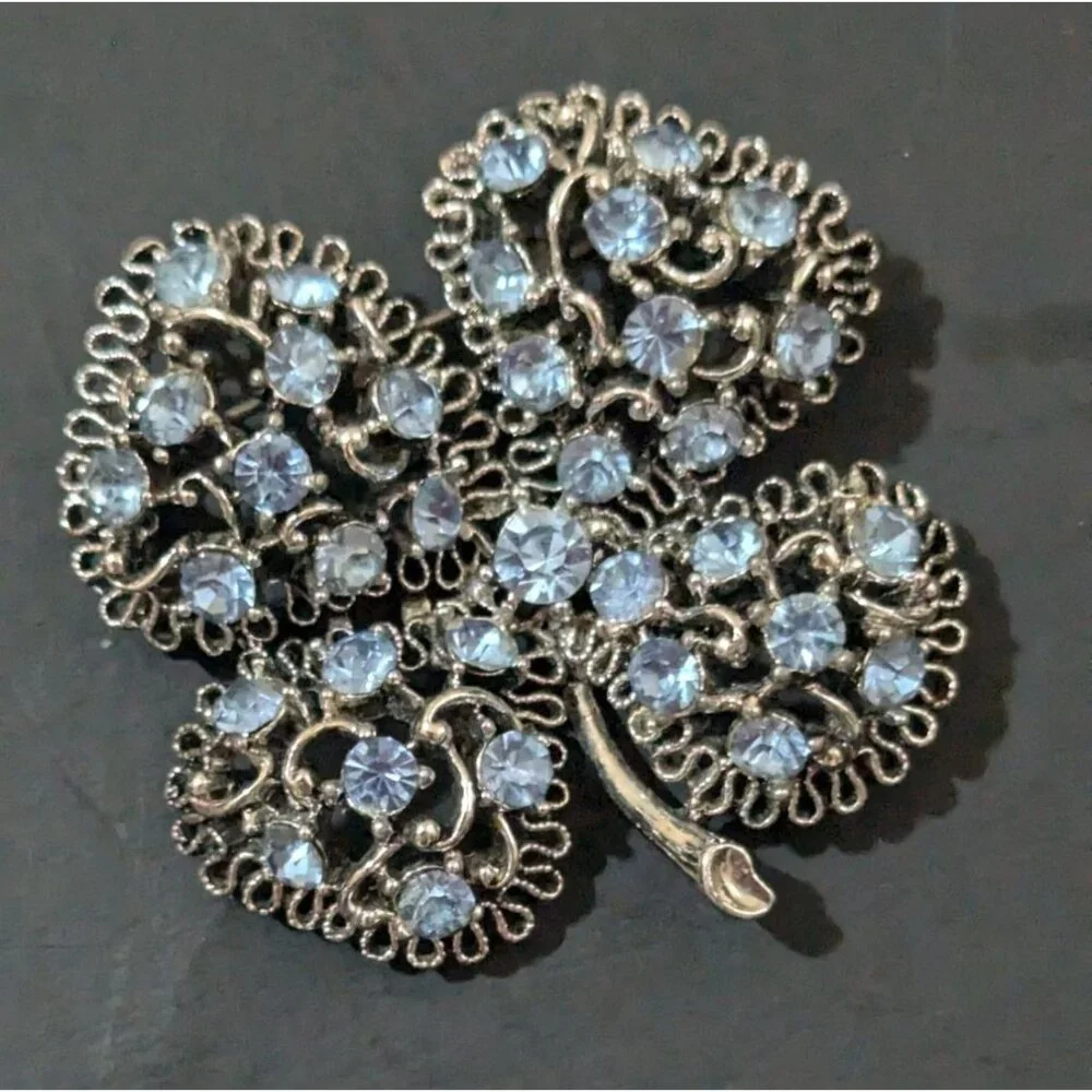 Vintage Rhinestone Clover Brooch Pin -‎ Silver Tone Blue Gems Luck & Sparkle!